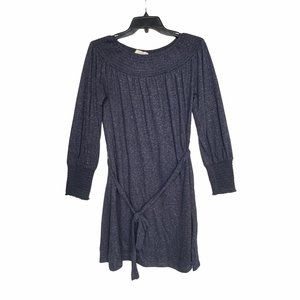 Size S Women's LOFT Gray Speckled White Long Sleeve Belted knit Dress boat neck